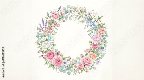 Watercolor floral wreath with pink roses and eucalyptus isolated on white background