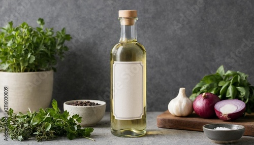 Glass bottle of golden olive oil with blank label on grey stone surface surrounded by fresh herbs and spices