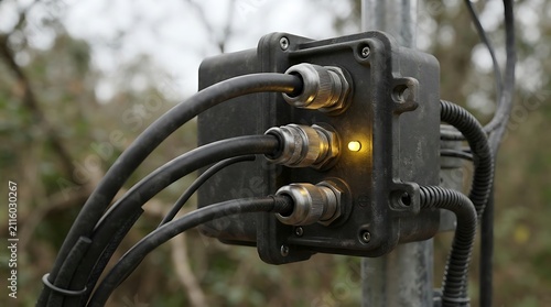 Outdoor industrial electrical junction box with multiple cables connected and a glowing amber indicator light, suggesting power or signal transmission in a remote setting.