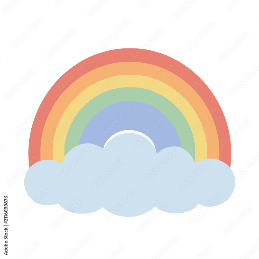 Obraz premium A vibrant pastel rainbow arching gracefully over a fluffy light blue cloud in a simple flat vector illustration style perfect for children's books or weather themes