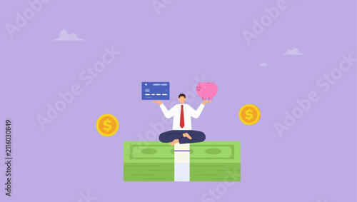Фотография Ambitious man meditate on banknote with credit card and piggy bank
