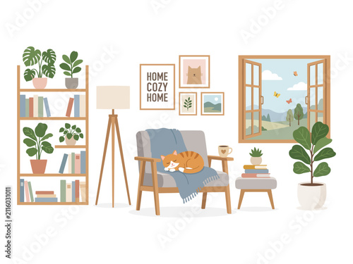 Cozy living room interior with armchair, cat, plants, and window