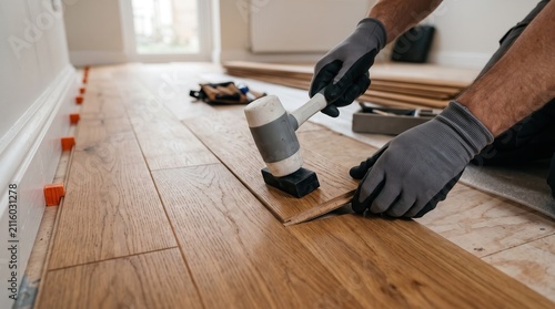 Meticulous adult male installing laminate flooring with precision, focused DIY home renovation and sensory improvement.