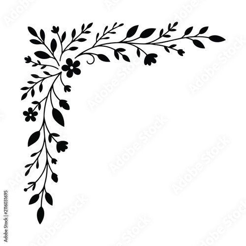 Floral Corner Border Silhouette Vector with Leaves and Flowers Isolated on White Background, Decorative Frame EPS