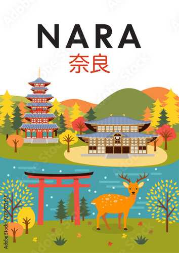 Nara Japan Poster Vector illustration. Beautiful Nara in Autumn season. Japanese character is 