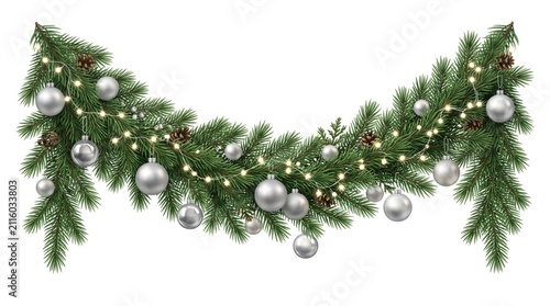 Christmas garland with pine branches and silver ornaments, festive evergreen swags with glowing fairy lights, winter holiday border on white background