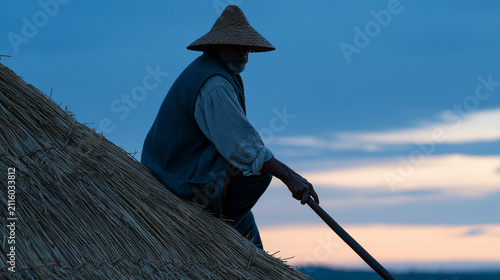 Twilight blue hour silhouette of a master thatcher surveying a newly completed heritage cottage roofline the rusted patina of antique thatching hooks and aged metal detail visible