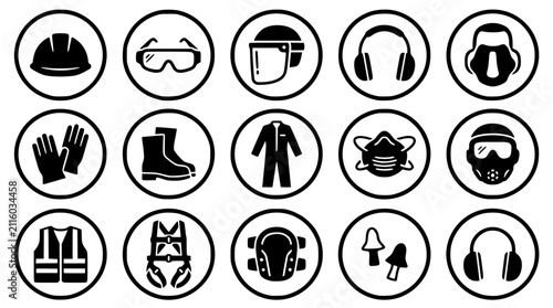 Set of 12 essential PPE safety icons for workplace protection. Vector line art symbols of protective gear and equipment for industrial and medical...