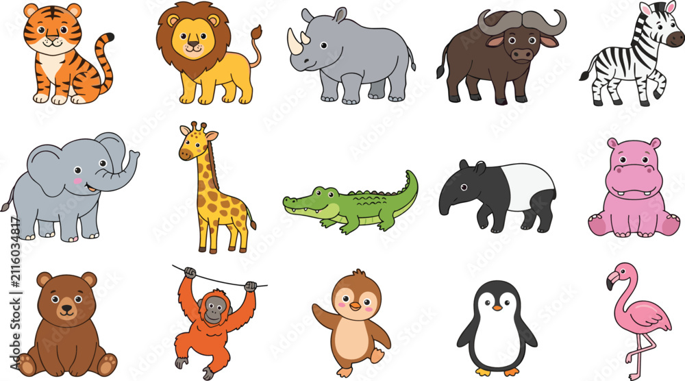Fototapeta premium Cute Safari Animal Character Collection with Cartoon Wildlife, Jungle Mammals, Birds and Reptiles Flat Vector Illustration Set for Kids