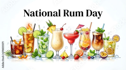 National rum day celebration with a variety of colorful tropical rum cocktails isolated on white background