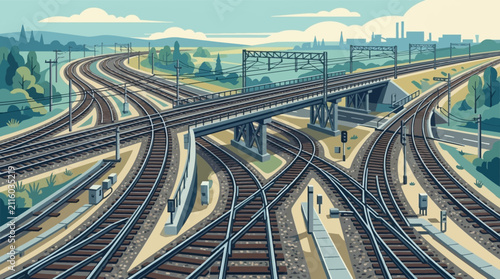 Vector illustration of a complex railway junction with multiple intersecting tracks, an overpass bridge, overhead power lines, signal equipment, and a distant industrial city skyline.