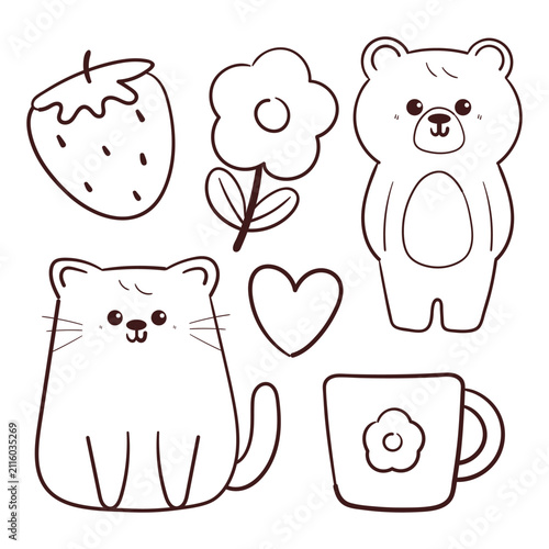 cute coloring page for kids with hand drawn cartoon bear and cat with plant and dessert