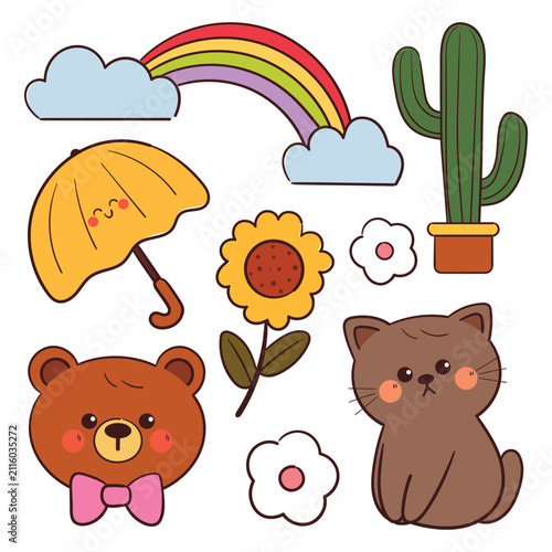 cute sticker set with hand drawn cartoon bear and cat with plant and sky element