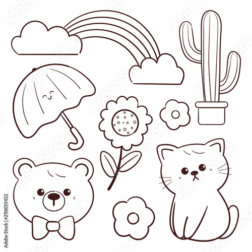 cute coloring page for kids with hand drawn cartoon bear and cat with plant and sky element