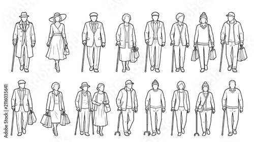 Architectural CAD blocks set of senior citizens and elderly people walking