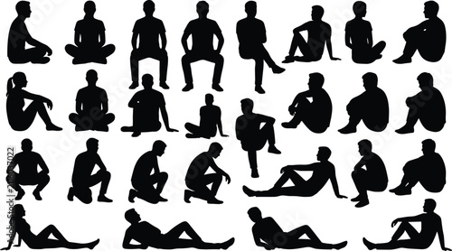 Bild auf Leinwand Large collection of isolated black silhouettes featuring people sitting, crouching, relaxing, and lying down in various poses