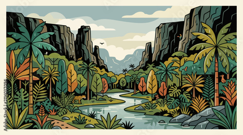 Konstfotografi Tropical jungle canyon landscape illustration