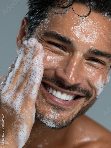 Smiling man washing face using cleansing foam