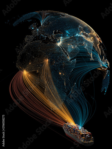 Global trade network connecting cargo ship with world map