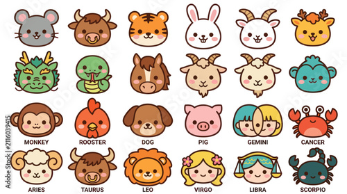 Sticker Cute animal zodiac signs and symbols