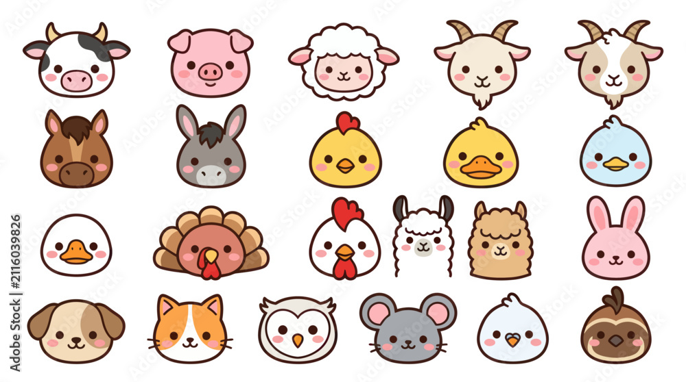 Fototapeta premium Cute farm animal faces collection