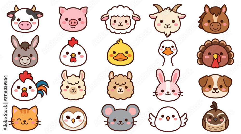 Fototapeta premium Cute farm animal icons collection