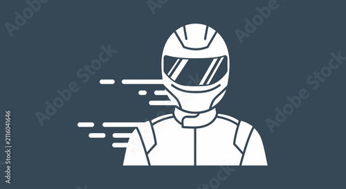 Minimalist vector illustration of a race car driver wearing a helmet with motion speed lines.