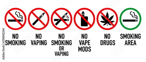 No smoking and vaping sign set. Prohibition icons for tobacco, e-cigarettes, and cannabis.
