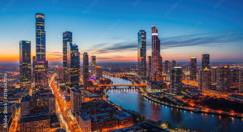 Obraz premium Modern illuminated city skyline with skyscrapers and river at dusk.