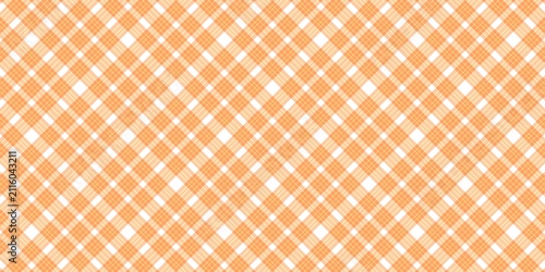 Orange and white diagonal plaid pattern background. Seamless tartan gingham texture  design for fabric, tablecloth, or wallpaper.