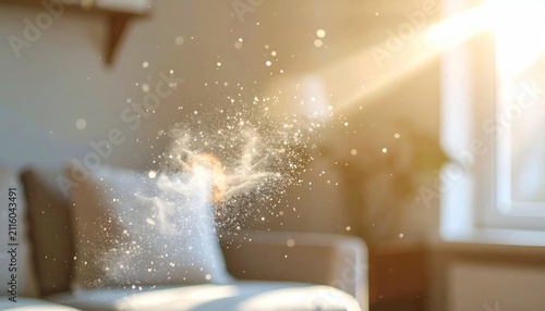 Sunbeams and floating dust motes over a living room sofa.