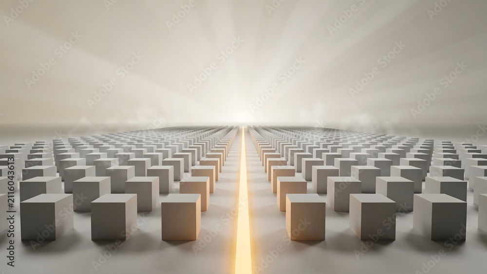 Fototapeta premium Glowing pathway through symmetrical white blocks perspective 3d render – Great for leadership path, goal orientation, or strategic planning