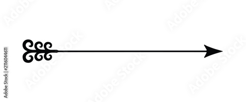 Black arrow with a decorative, ornate fletching featuring symmetrical scrollwork patterns, isolated on a white background