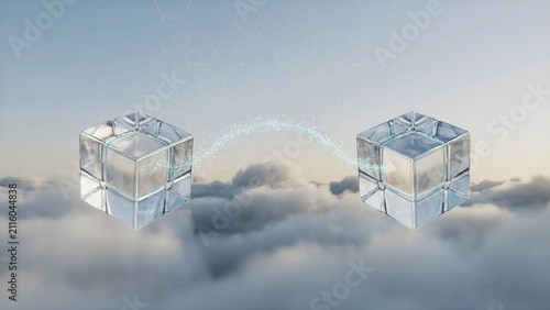 Twin crystal cubes transferring luminous data particles 3d render – Great for cloud computing, seamless synchronization, or file sharing