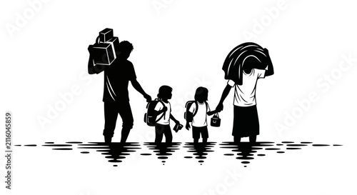 Family carrying belongings walking through water black silhouette