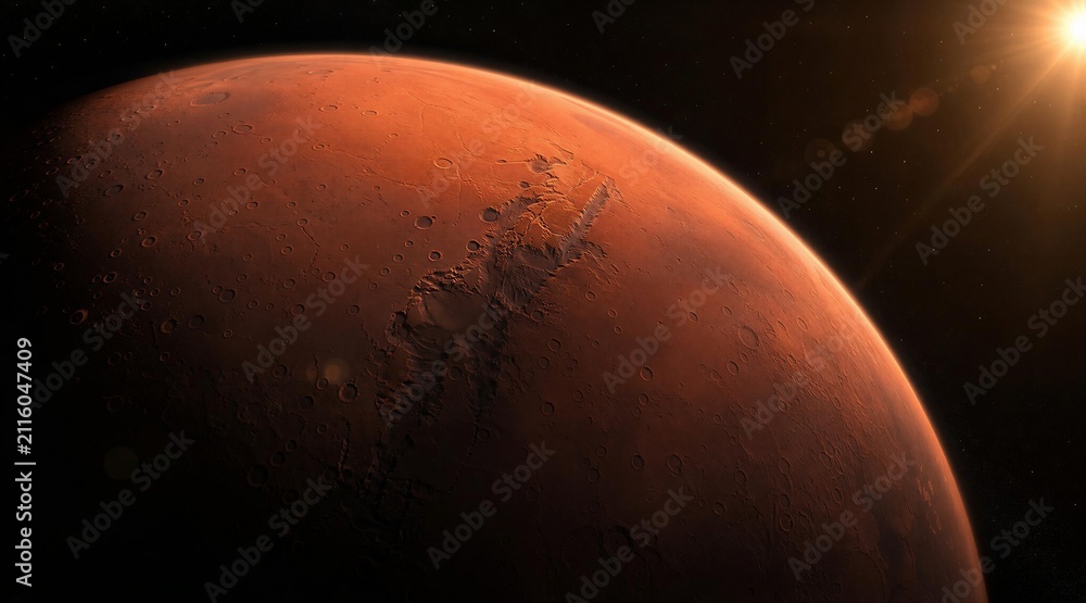 Naklejka premium Planet Mars Surface with Sun Flare and Deep Space Background