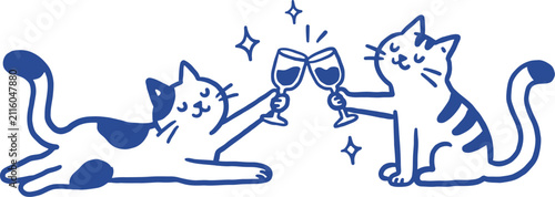 Foto Minimalist cat toast vector, blue line art cats clinking wine glasses, party art