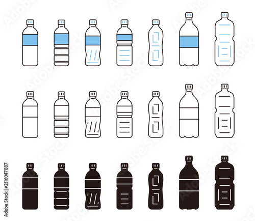 ペットボトルのアイコン。白い背景に線画イラスト。飲料水のシルエット素材。Plastic bottle icon.
