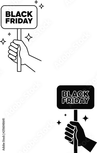 Foto Black Friday sale sign with shopping bag and discount star symbols white gray
