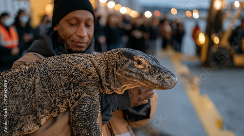 Reptile handler cradles a large monitor lizard on a loading dock at dusk as blue hour settles over a busy logistics yard, a crowd of dock safety trainees observing from a safe