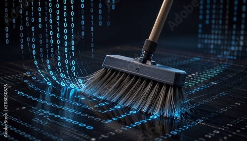 Digital Data Cleaning Concept with Broom and Binary Code