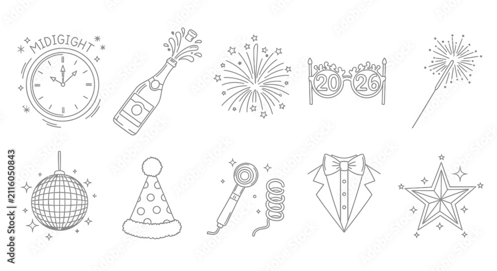 Fototapeta premium New Years Eve Celebration Icons Hand Drawn Sketch Style.