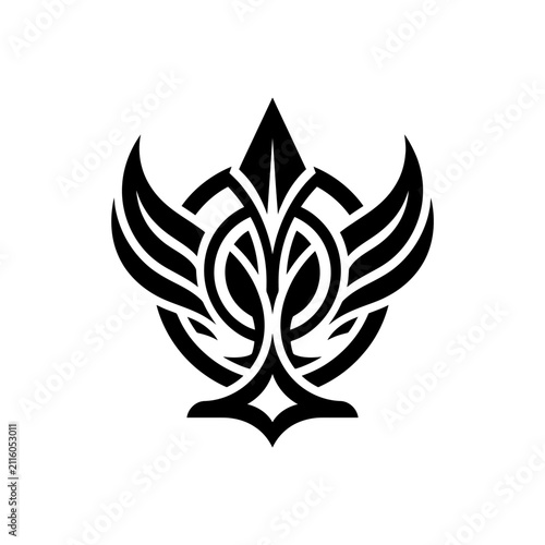 Abstract emblem design with winged elements and circular motif