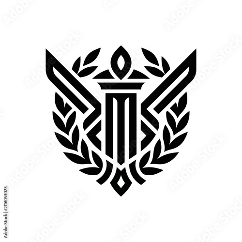 Abstract emblem with laurel wreath and sword symbol