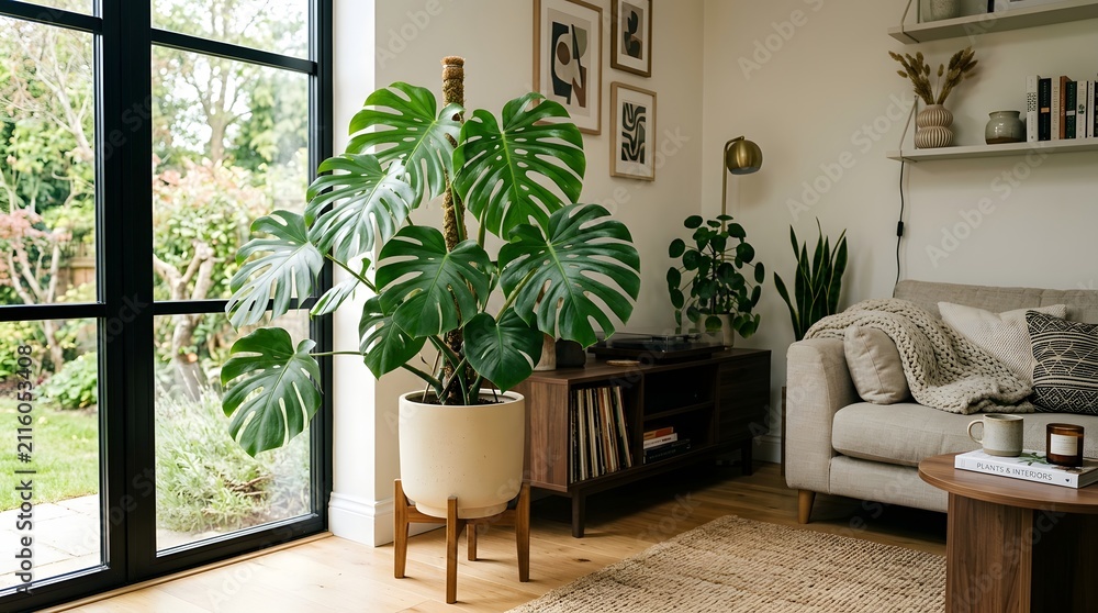 Fototapeta premium Beautiful monstera deliciosa houseplant in a modern living room, large green leaves, stylish ceramic pot, natural sunlight through window, cozy interior design, realistic home decor photography, high 