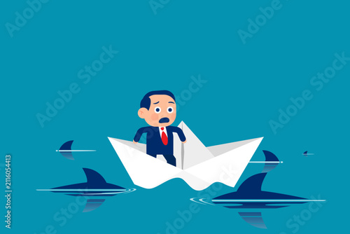 business problem or obstacle, confused businessman because his paper boat is surrounded by sharks, business challenge concept vector illustration