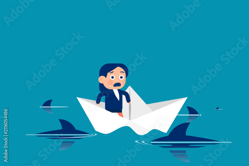 business problem or obstacle, confused businesswoman because his paper boat is surrounded by sharks, business challenge concept vector illustration