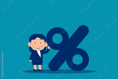 Cute little business vector. Businesswoman standing  near of percentage. Business balance concept