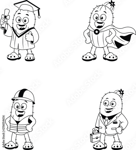 Professional cactus mascots portrayed as a graduate, superhero, construction worker, businessman in glyph vector style. 
