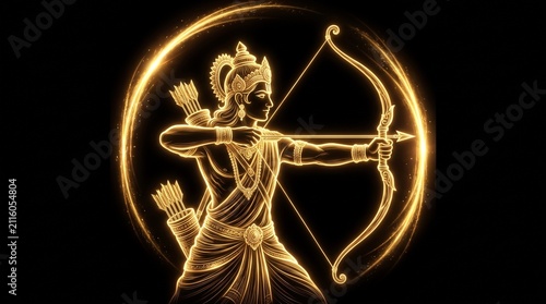 Golden neon outline of lord rama holding bow and arrow for rama puja and ram navami and dussehra festivals on black background depicting ancient mythology 